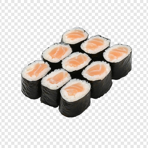 Delicioso sushi de salmón enrollado Una vista de cerca de diez piezas perfectamente elaboradas