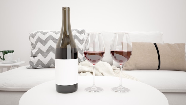 Delicioso vino tinto en una maqueta moderna de la sala de estar