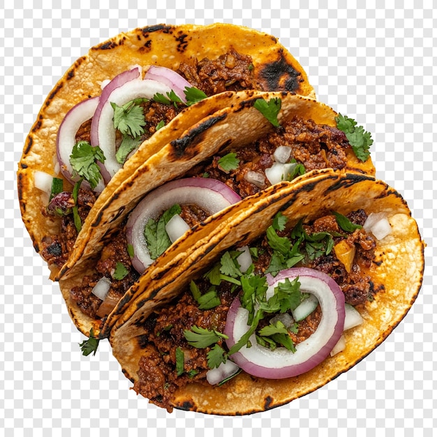 Deliciosos tres tacos con cebollas cilantro y carne molida sazonada