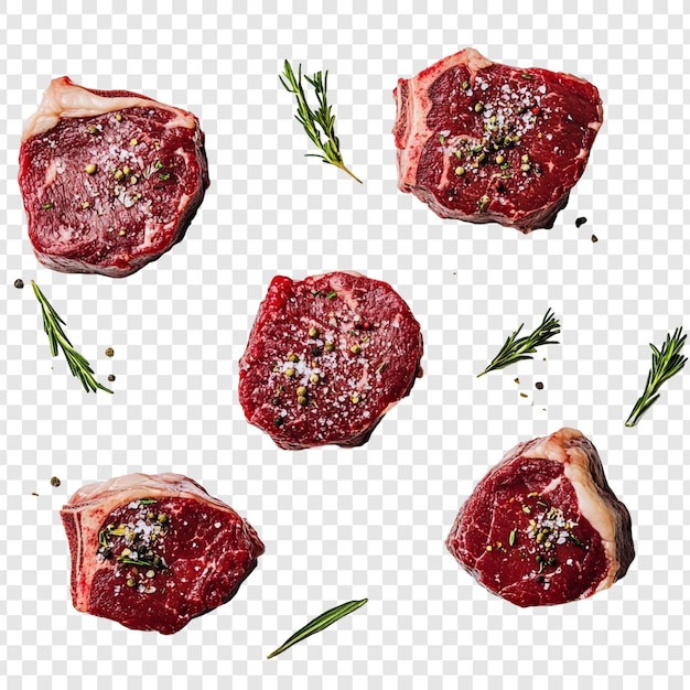 Delicious Raw Steaks Ready to Grill Gourmet Beef Cuts gekruid met zout peper en rozemarijn