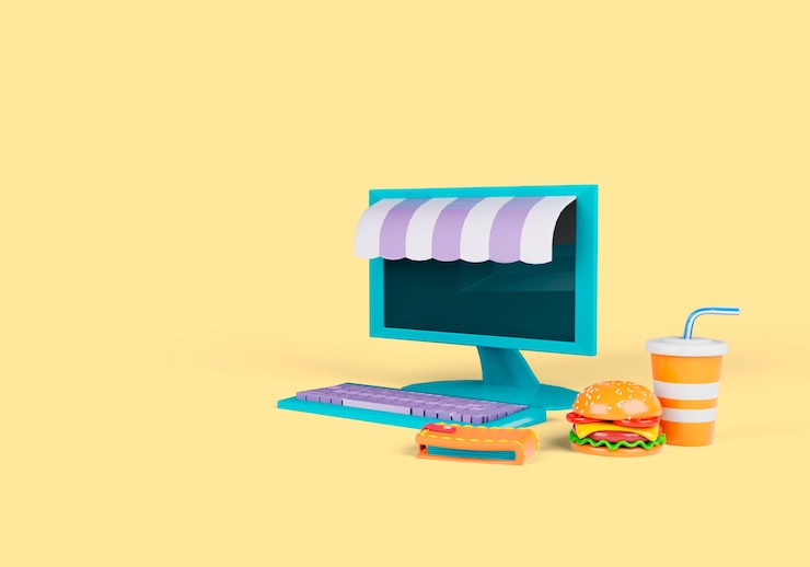 PSD Gratis delivery 3d illustration with personal computer and fast food