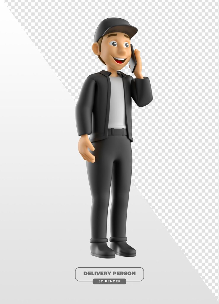 PSD Gratis delivery person talking on smartphone in 3d render with transparent background
