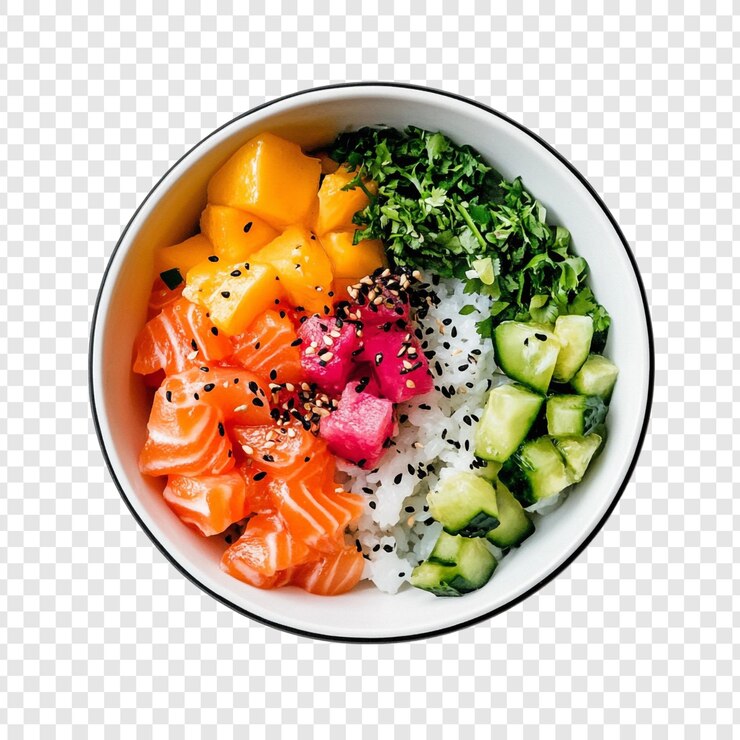 PSD gratuito deliziosa ciotola di salmone con mango, cetriolo e riso
