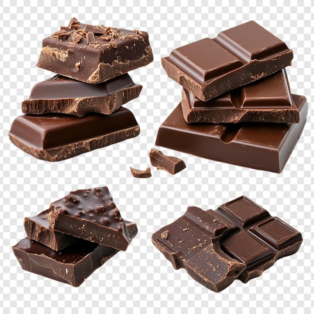 Deliziosa collezione di cioccolato scuro Un'attraente esposizione di barrette di cioccolate rotte e impilate
