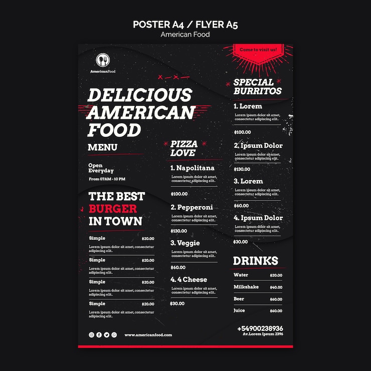 PSD gratuito delizioso menu di cucina americana