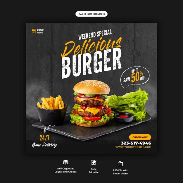 Delizioso modello di banner per social media con menu di hamburger e cibo