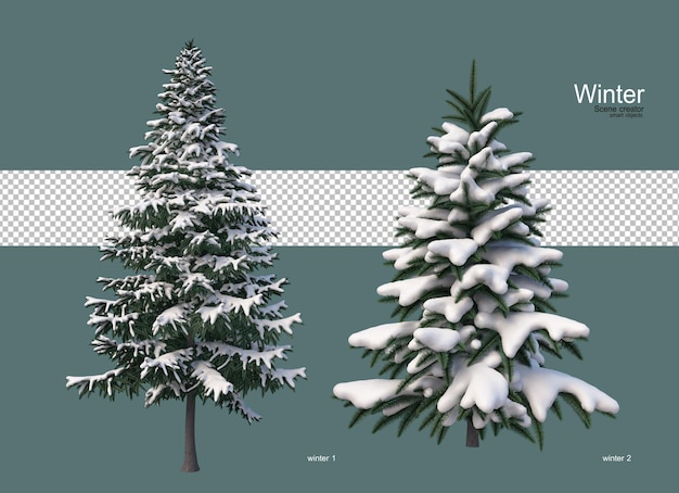 Dennenbomen van verschillende groottes in de winter