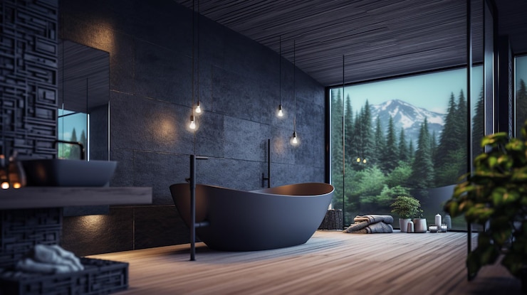 PSD Gratis desain interior kamar mandi dengan bak mandi hitam matte generator ai