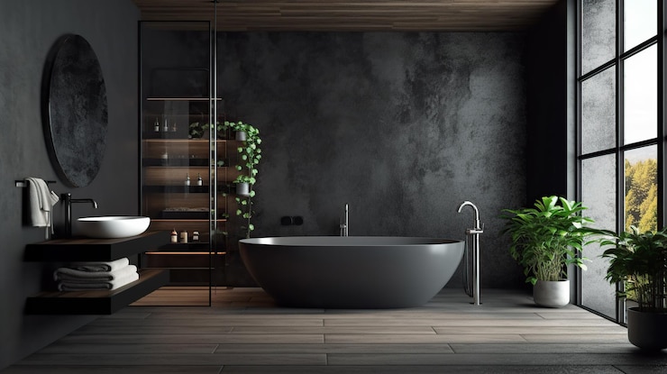 PSD Gratis desain interior kamar mandi dengan bak mandi hitam matte generator ai
