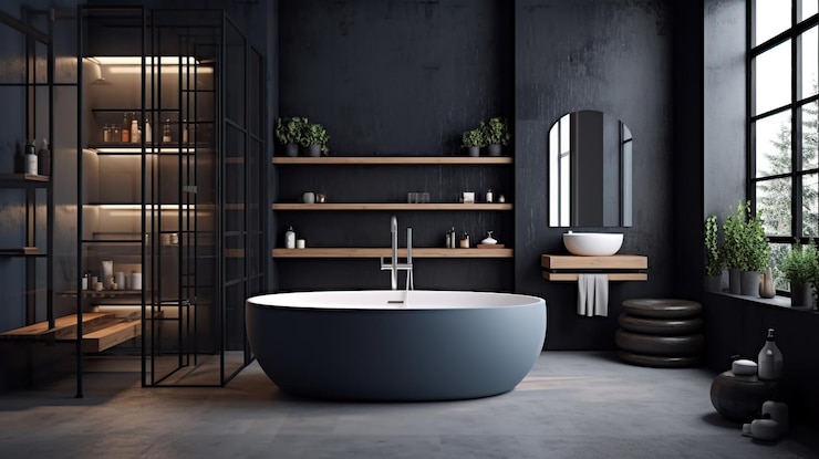PSD Gratis desain interior kamar mandi dengan bak mandi hitam matte generator ai