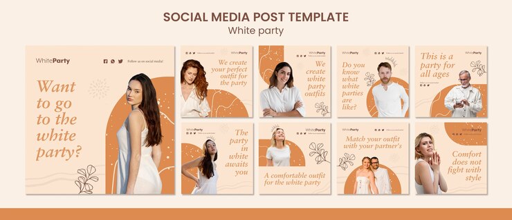 PSD gratuito design del modello di post di instagram per feste bianche