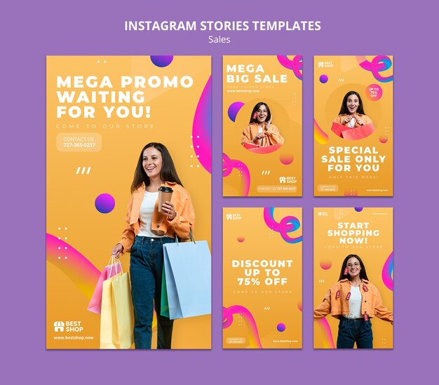 Design piatto del modello di storie di instagram di vendita