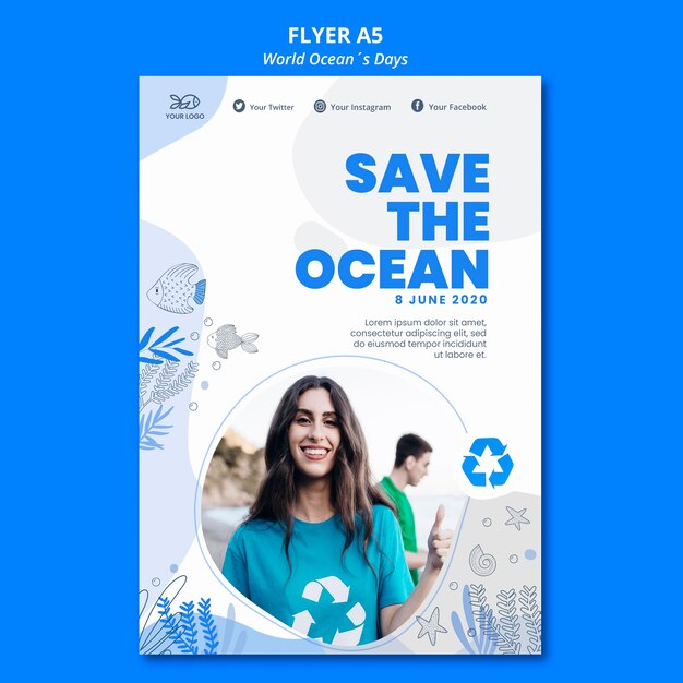 Design volantino del giorno dell'oceano mondiale