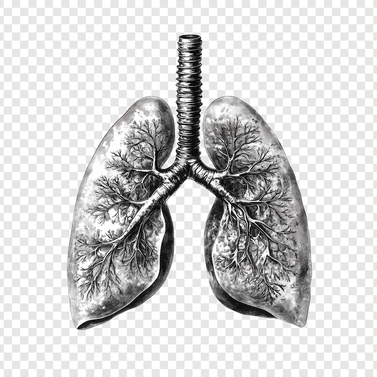 PSD Gratis detailed anatomical illustration of human lungs a black and white engraving style depiction of the respiratory systems intricate structure highlighting bronchial tree and alveoli