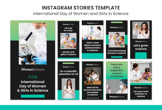 PSD gratuito día de la mujer y la niña en las historias de instagram de la ciencia