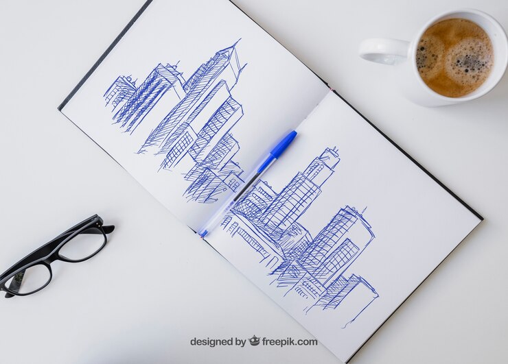 PSD gratuito dibujo a boli en el cuaderno con gafas y taza de café