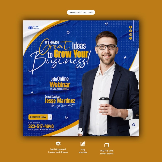 Digitale live-marketing webinar en bedrijfs social media post sjabloon