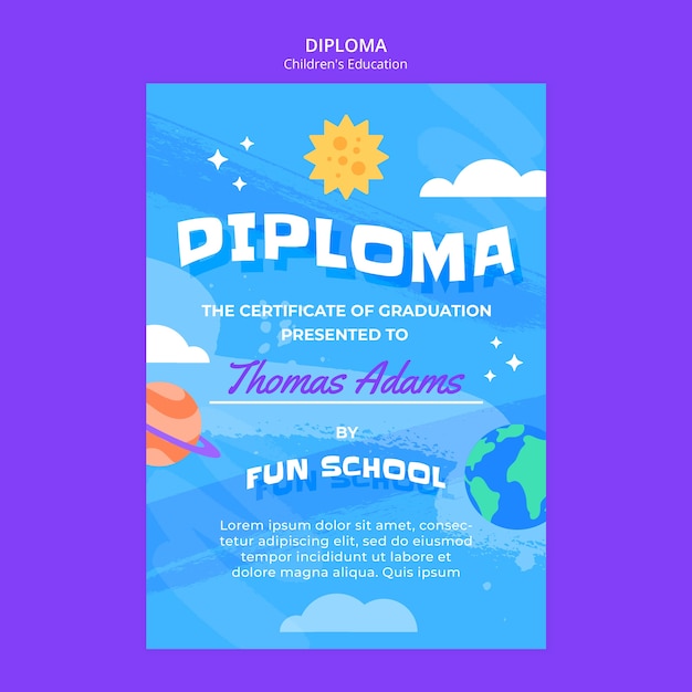 Diploma de educación infantil de diseño plano