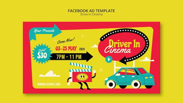 PSD gratuito disco retro en plantilla de facebook de cine