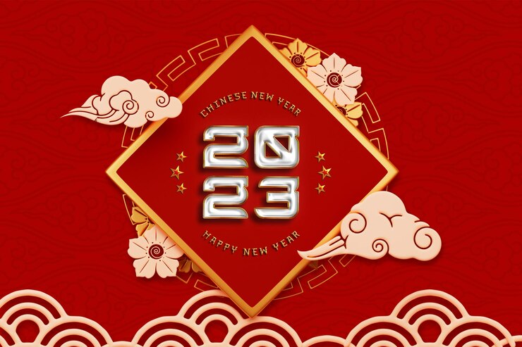 PSD gratuito diseño de banner de año nuevo chino 2023 con decoración china de nubes y flores