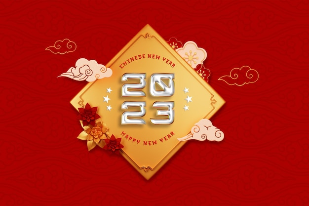 PSD gratuito diseño de banner de año nuevo chino 2023 con decoración china de nubes y flores