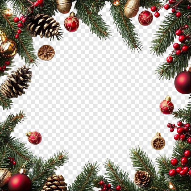 Diseño de borde navideño festivo con adornos de ramas de pino y bayas