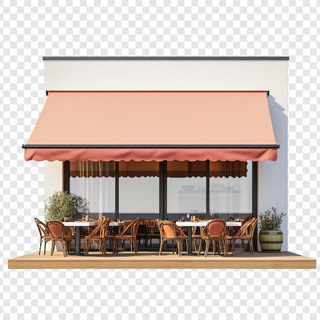 Diseño de café al aire libre Una representación en 3D de un encantador restaurante con un toldo de melocotón