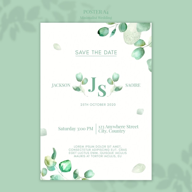 PSD gratuito diseño de cartel de boda minimalista.