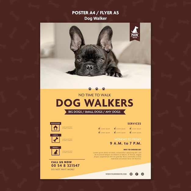 PSD gratuito diseño de cartel de paseador de perros.