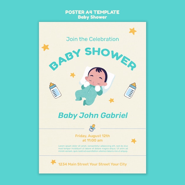 Diseño de cartel de plantilla de baby shower de diseño plano