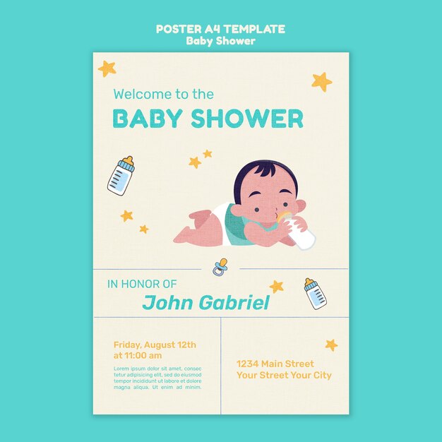 Diseño de cartel de plantilla de baby shower de diseño plano