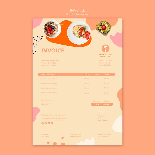 PSD gratuito diseño de factura para restaurante de brunch.