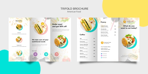 PSD gratuito diseño de folleto tríptico de comida estadounidense