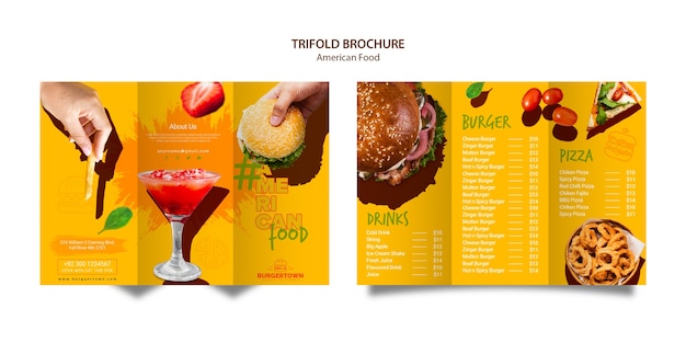 PSD gratuito diseño de folleto tríptico de comida estadounidense