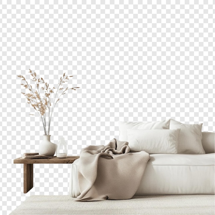 PSD gratuito diseño interior acogedor y minimalista de la sala de estar con tonos neutros y elementos naturales