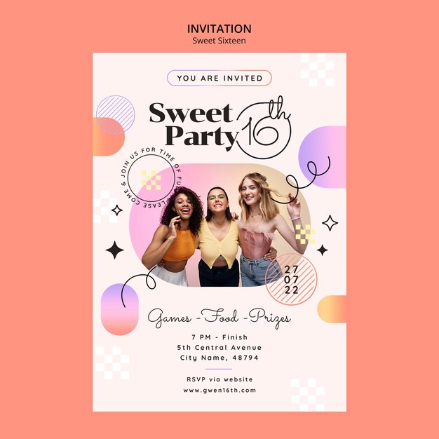 Diseño de invitación de dulce dieciséis degradado