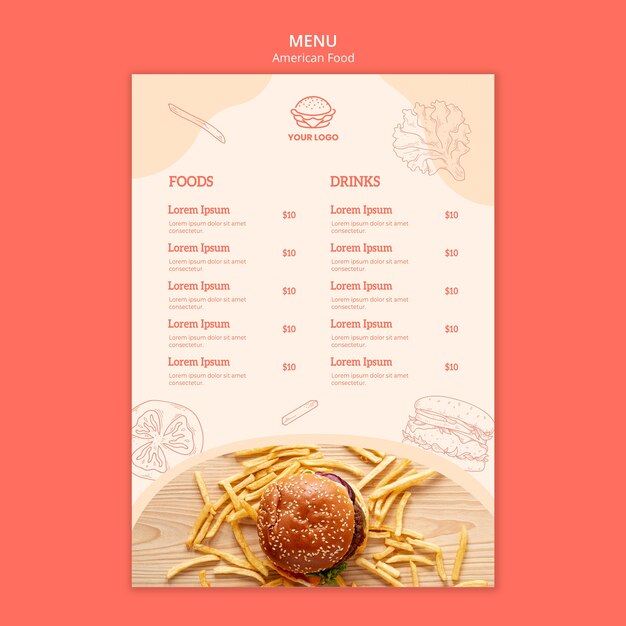 Diseño de menú de concepto de comida americana