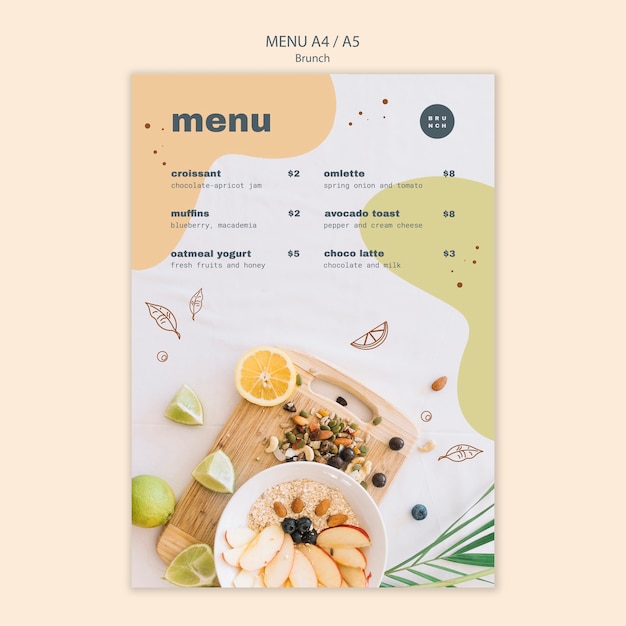 PSD gratuito diseño de menú con deliciosos platos de brunch.