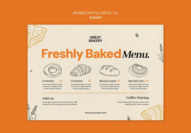 Diseño de menú de panadería recién horneada