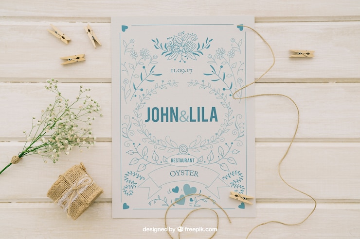 PSD gratuito diseño de mock up con invitación de boda y adornos