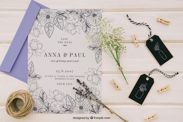 Diseño de mock up con invitación de boda elegante