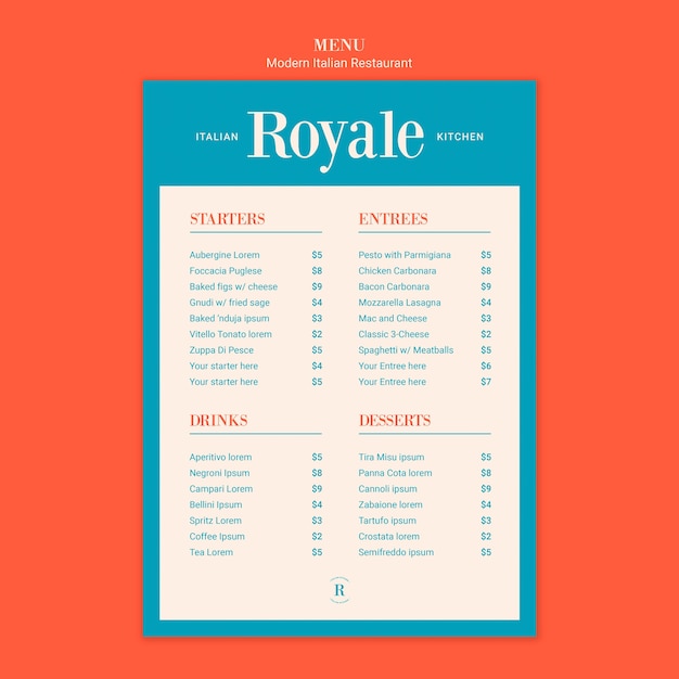 Diseño moderno de menú de restaurante italiano