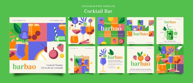 Diseño plano de bares de cócteles en Instagram