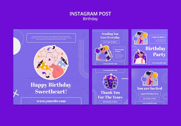 Diseño plano celebración de cumpleaños posts de instagram