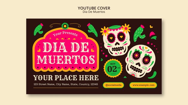 diseño plano dia de muertos celebración portada de youtube