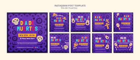 PSD gratuito diseño plano día de muertos posts en instagram