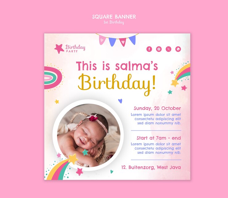 PSD gratuito diseño plano diseño de plantilla de primer cumpleaños