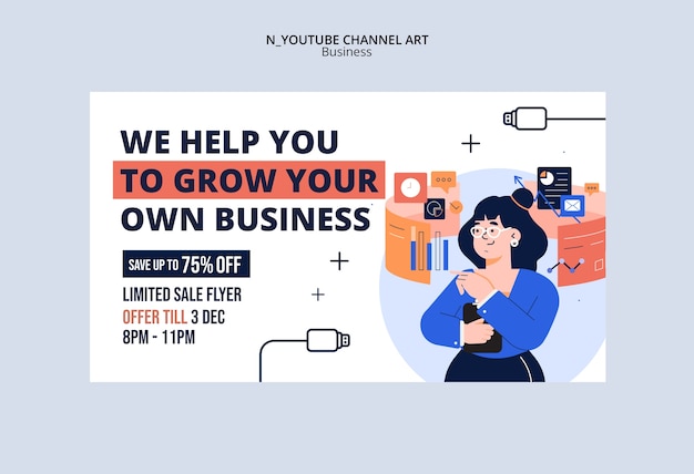Diseño plano diseño de plantillas de canal de arte de YouTube para negocios