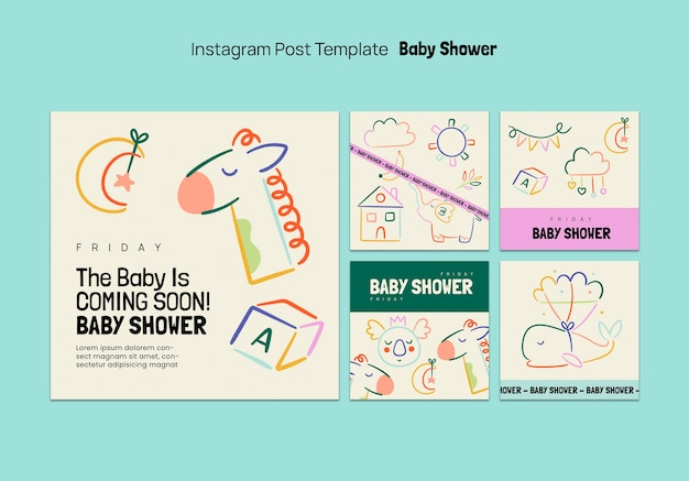 El diseño plano de la ducha de bebé en las publicaciones de Instagram.