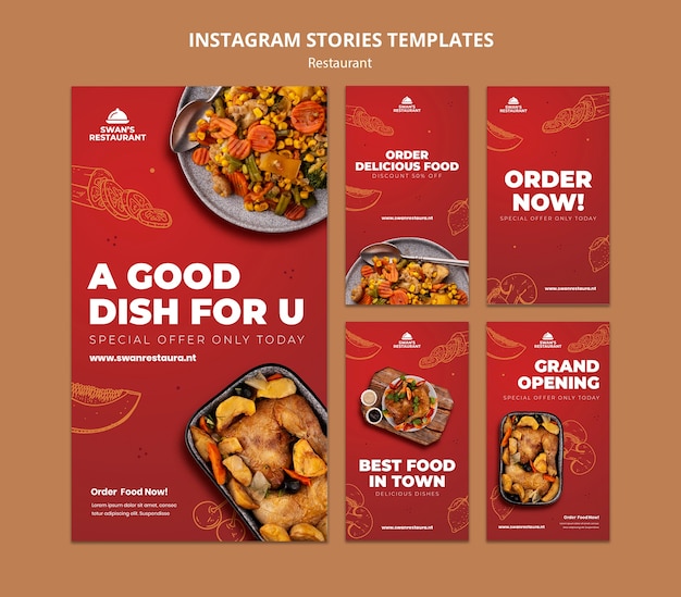 Diseño plano de plantilla de historias de instagram de restaurante